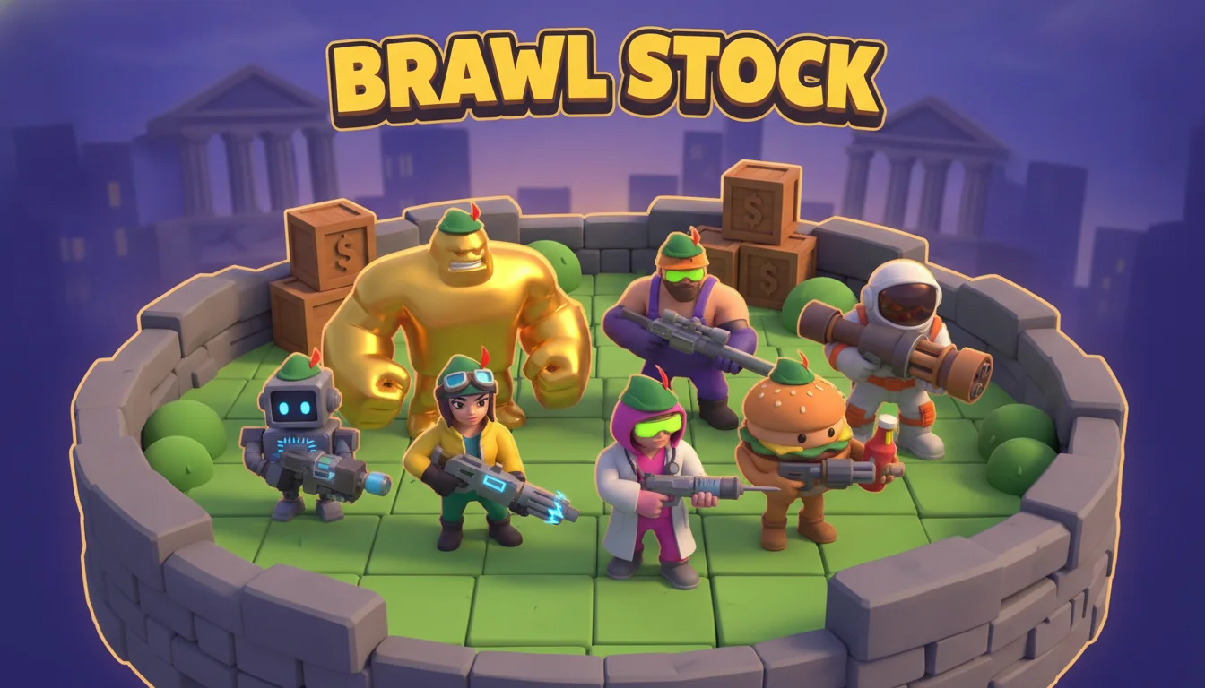 Eight Brawl Stock brawlers in feathered caps inside the arena